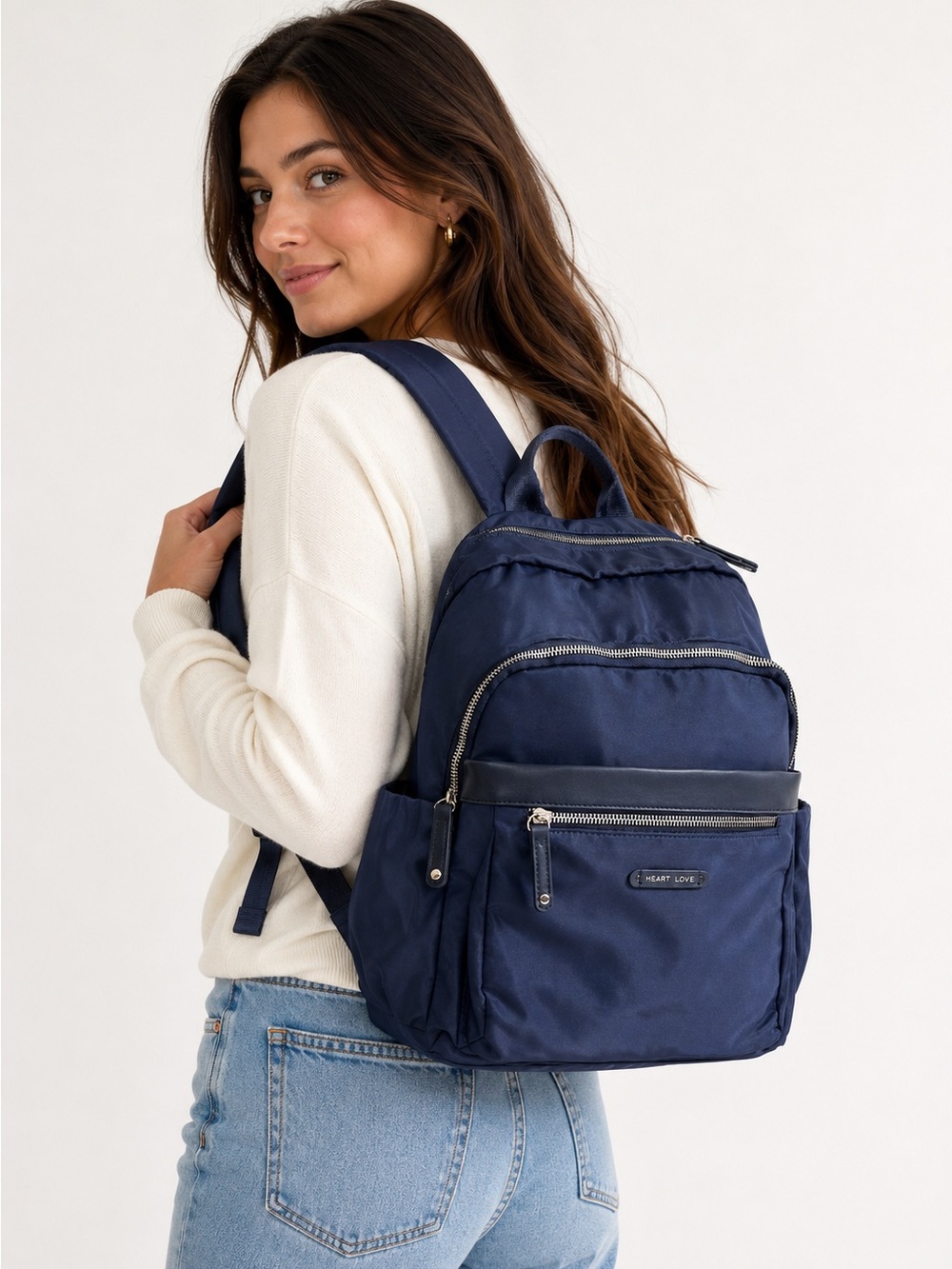 Heart Love Navy Blue Nylon Backpack Travel Bag Multi Pocket NEW w coin pouch